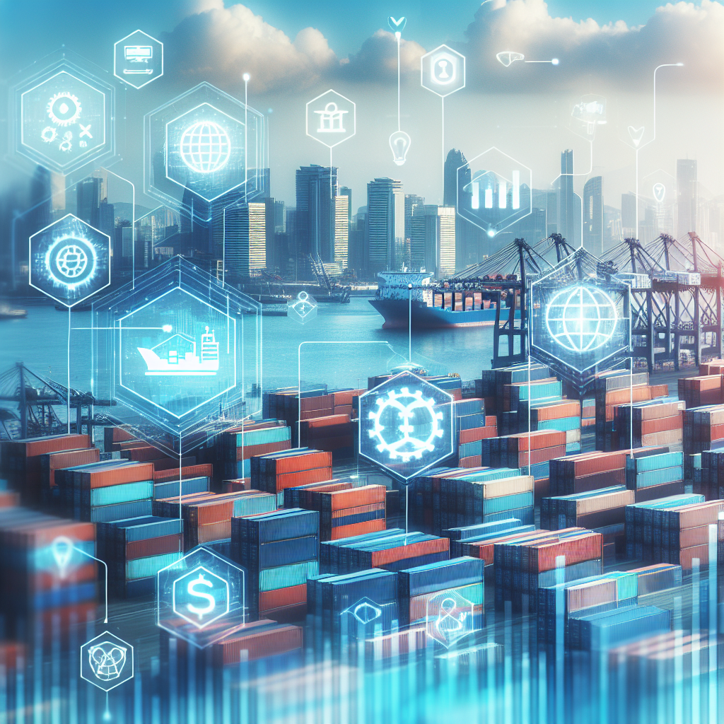 Professionelt foto av bygningsmasse og containere i bakgrunnen, med grafiske ikoner som symboliserer handelsavtaler, investering og vekst, i en moderne finansstil