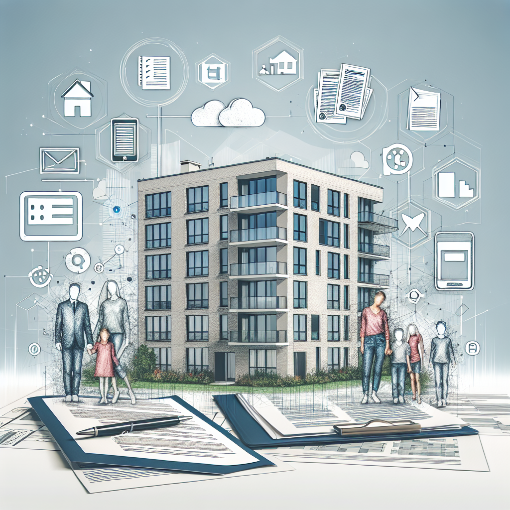 Moderne skisse av en boligblokk og en familie med dokumenter og digitale ikoner, lys, profesjonell estetikk, fokus på eiendom og finans