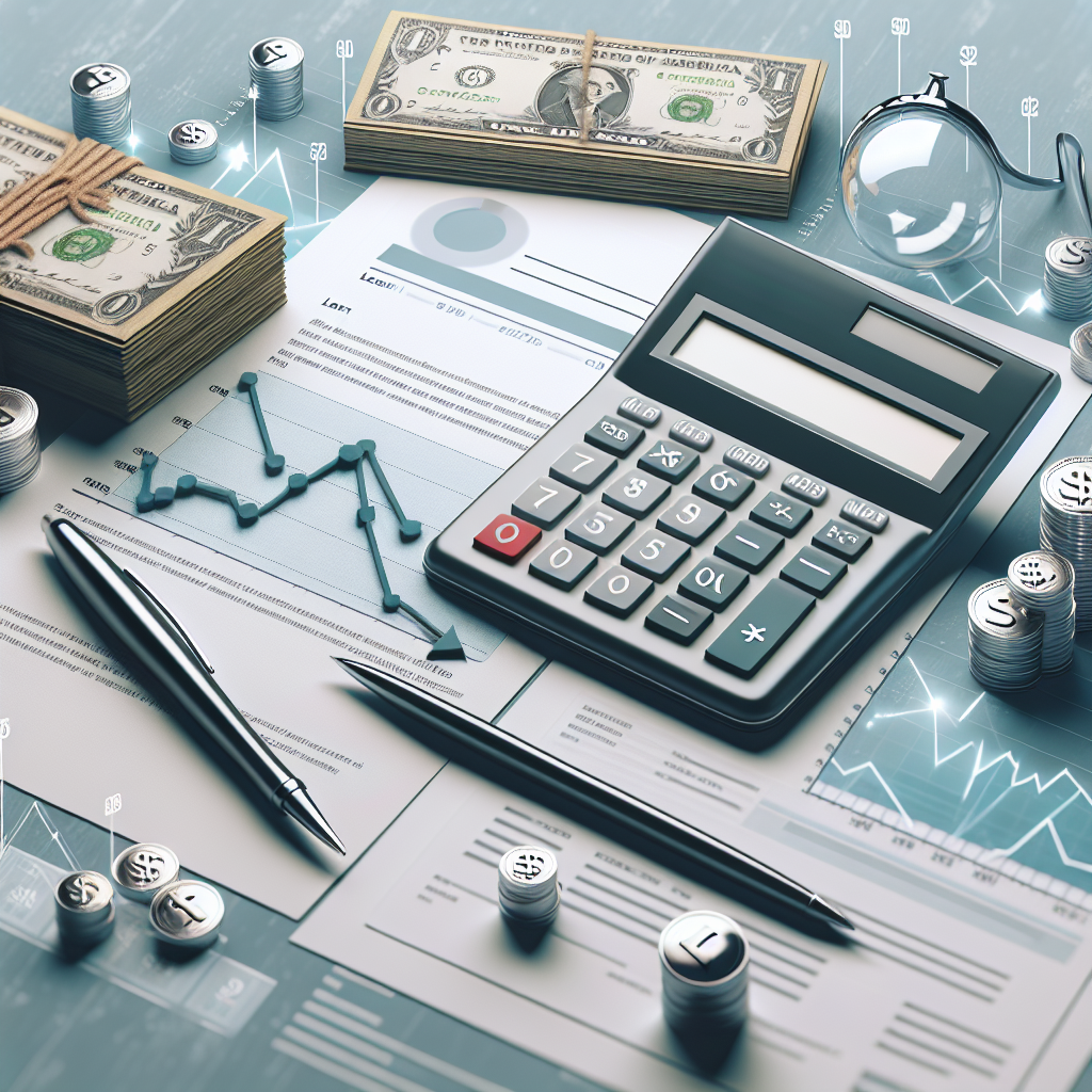 Illustrasjon av økonomi og renter: nærbilde av en kalkulator, lånedokumenter, og en graf som viser renteoppgang og nedgang på en ren, moderne bakgrunn