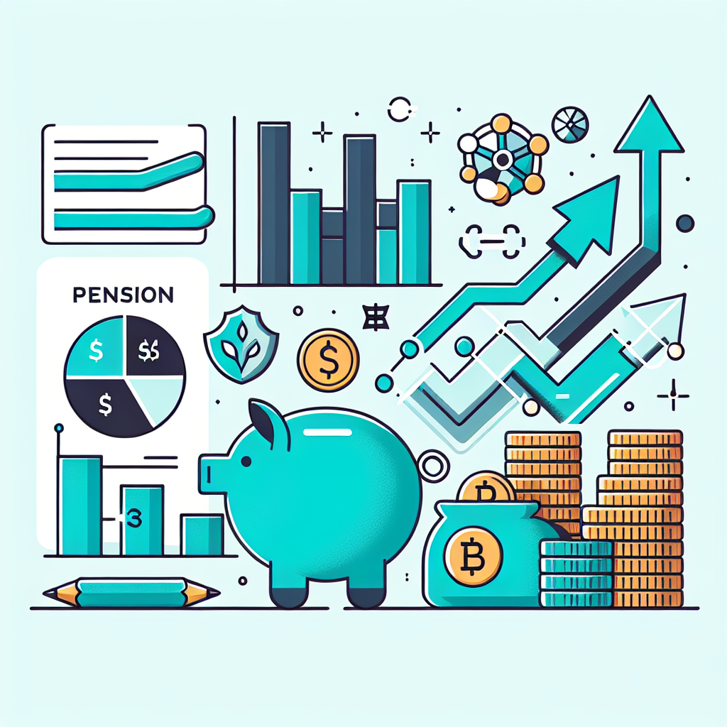 Oversiktlig illustrasjon av økonomisk sammenligning med grafer, sparegris, pensjonspiler og blockchain-ikon i blå og grønn palett, moderne og enkel stil