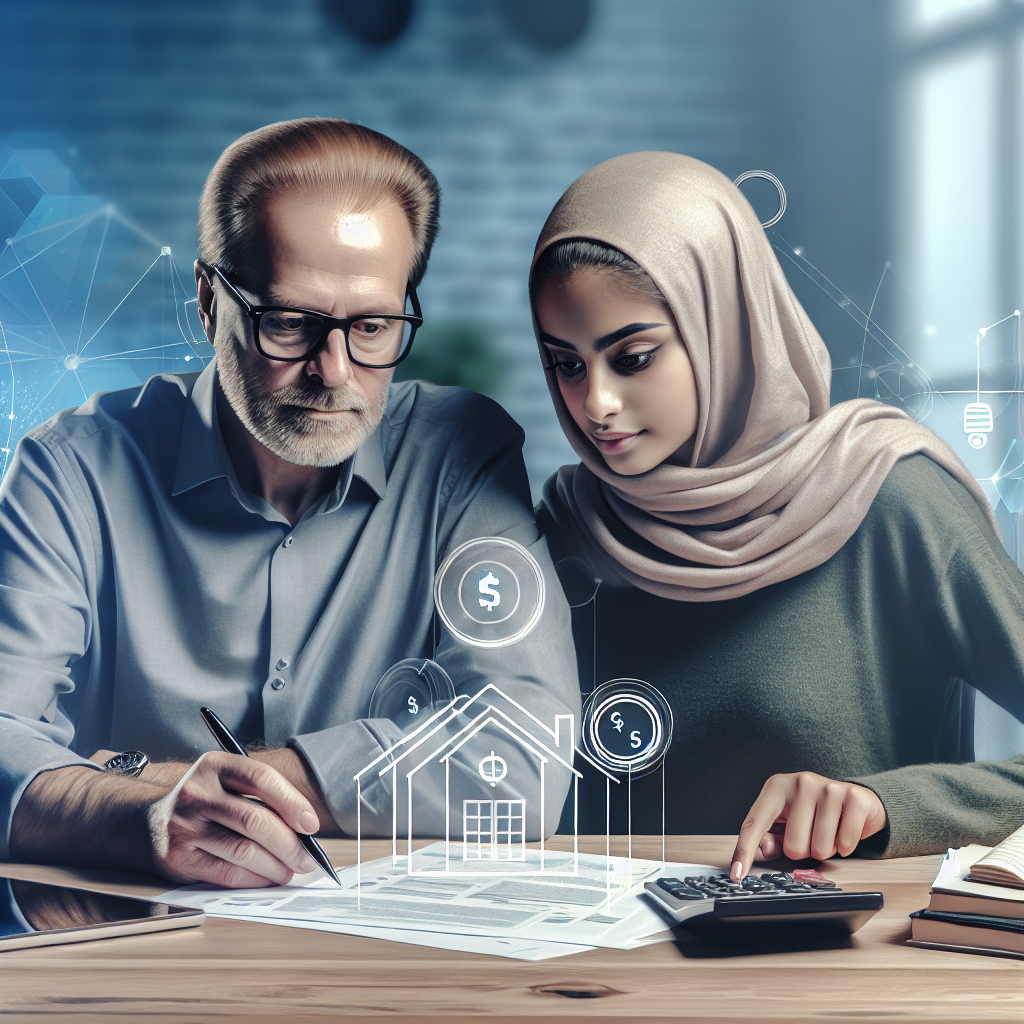 En moderne, rolig scene med en eldre og en yngre person som ser over økonomiske dokumenter på et bord, med stiliserte ikoner for bolig, fond og kalkulator i bakgrunnen.