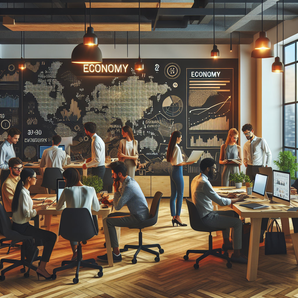 Moderne kreativt kontor med designere som samarbeider, bærekraftige materialer, økonomidiagrammer og varm belysning, stilisert og profesjonelt uttrykk